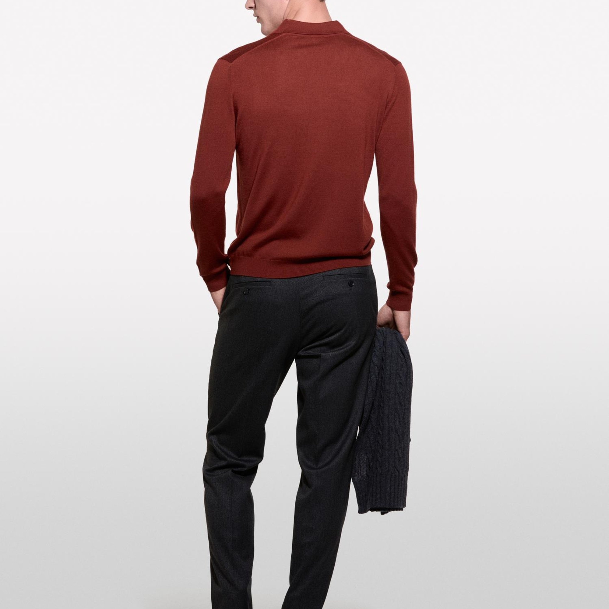 Erkek Bordo Yün Karışımlı Normal Kesim Uzun Kollu Polo Yaka T-Shirt