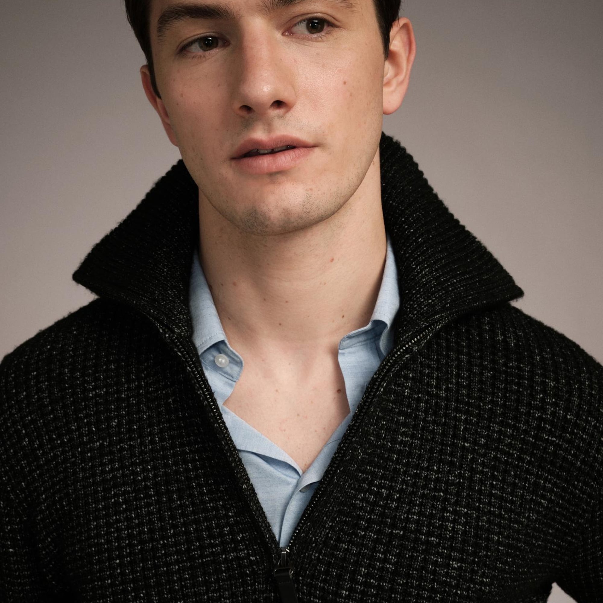 Erkek Siyah Melanj Viskoz Karışımlı Yarım Fermuarlı Yüksek Yaka Waffle Kazak