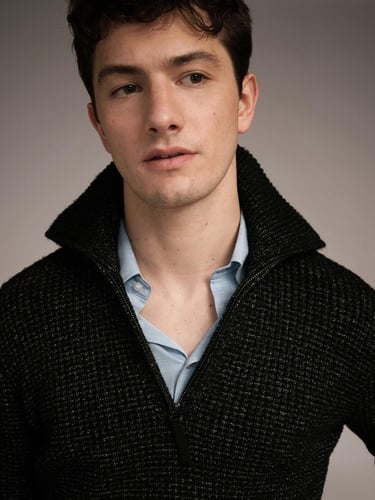  Erkek Siyah Melanj Viskoz Karışımlı Yarım Fermuarlı Yüksek Yaka Waffle Kazak