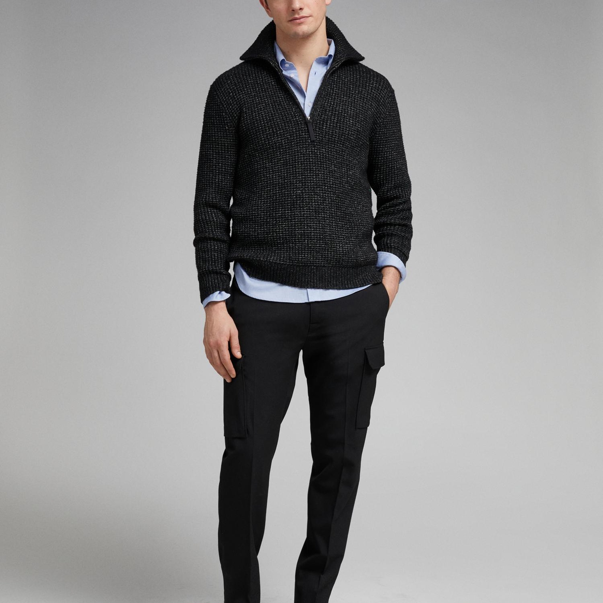 Erkek Siyah Melanj Viskoz Karışımlı Yarım Fermuarlı Yüksek Yaka Waffle Kazak