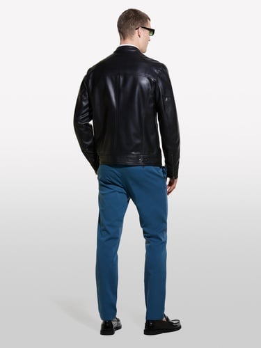  Erkek Siyah Yanları Cepli Fermuarlı Dar Kesim Suni Deri Ceket