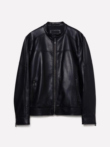  Erkek Siyah Yanları Cepli Fermuarlı Dar Kesim Suni Deri Ceket