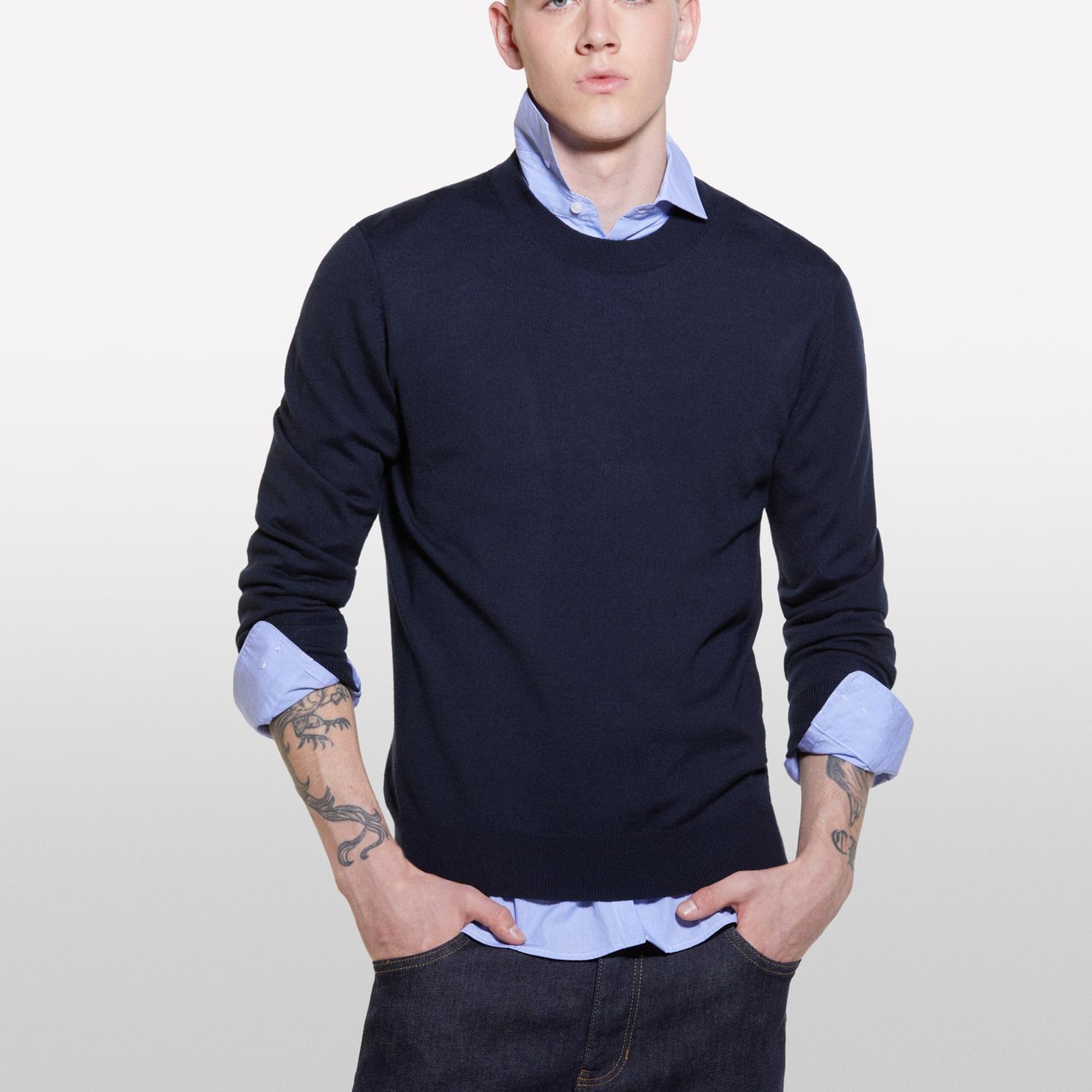 Erkek Lacivert Yün Karışımlı Bisiklet Yaka Kazak