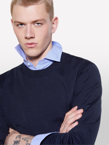  Erkek Lacivert Yün Karışımlı Bisiklet Yaka Kazak