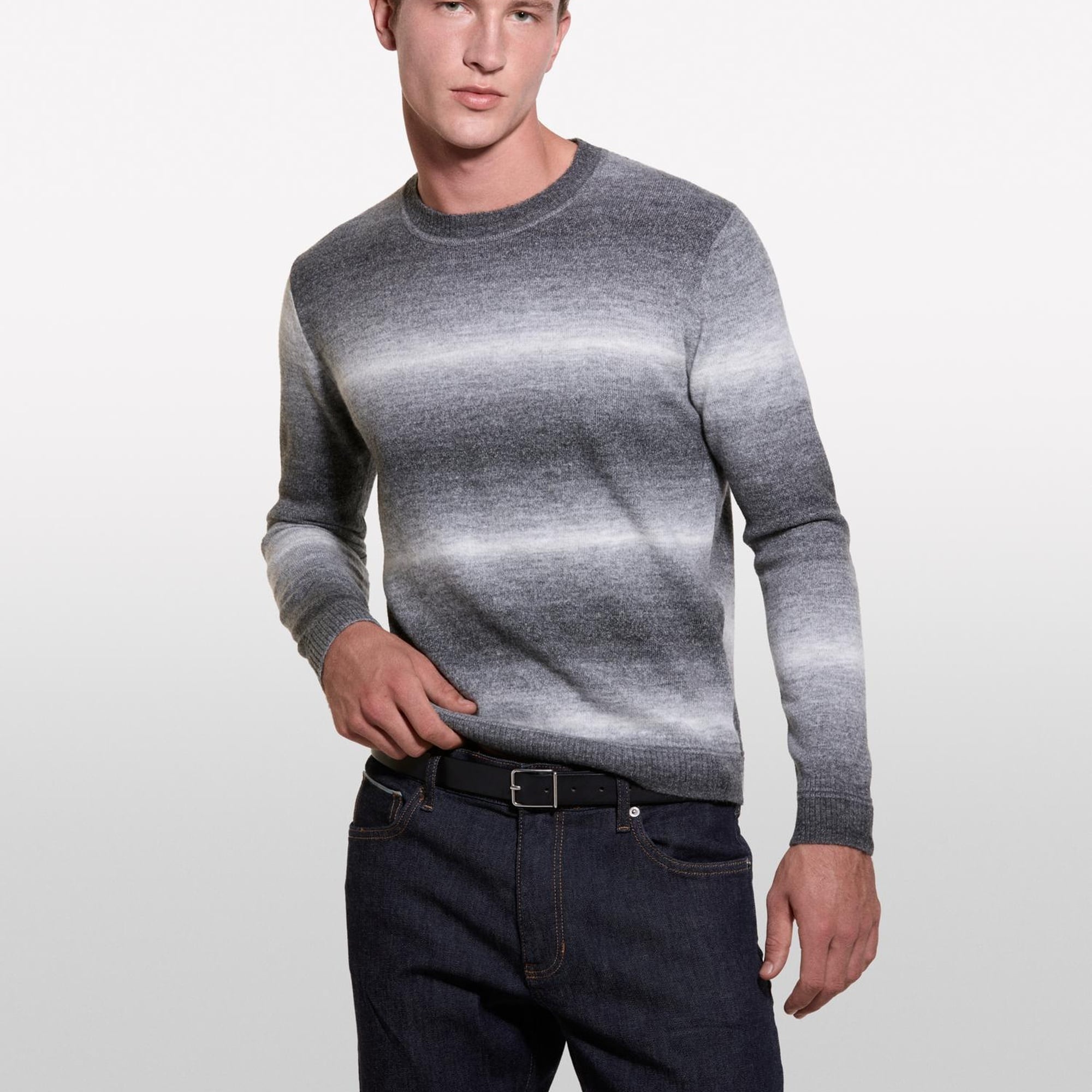 Erkek Gri Mix Yün Karışımlı Renk Geçişli Bisiklet Yaka Kazak