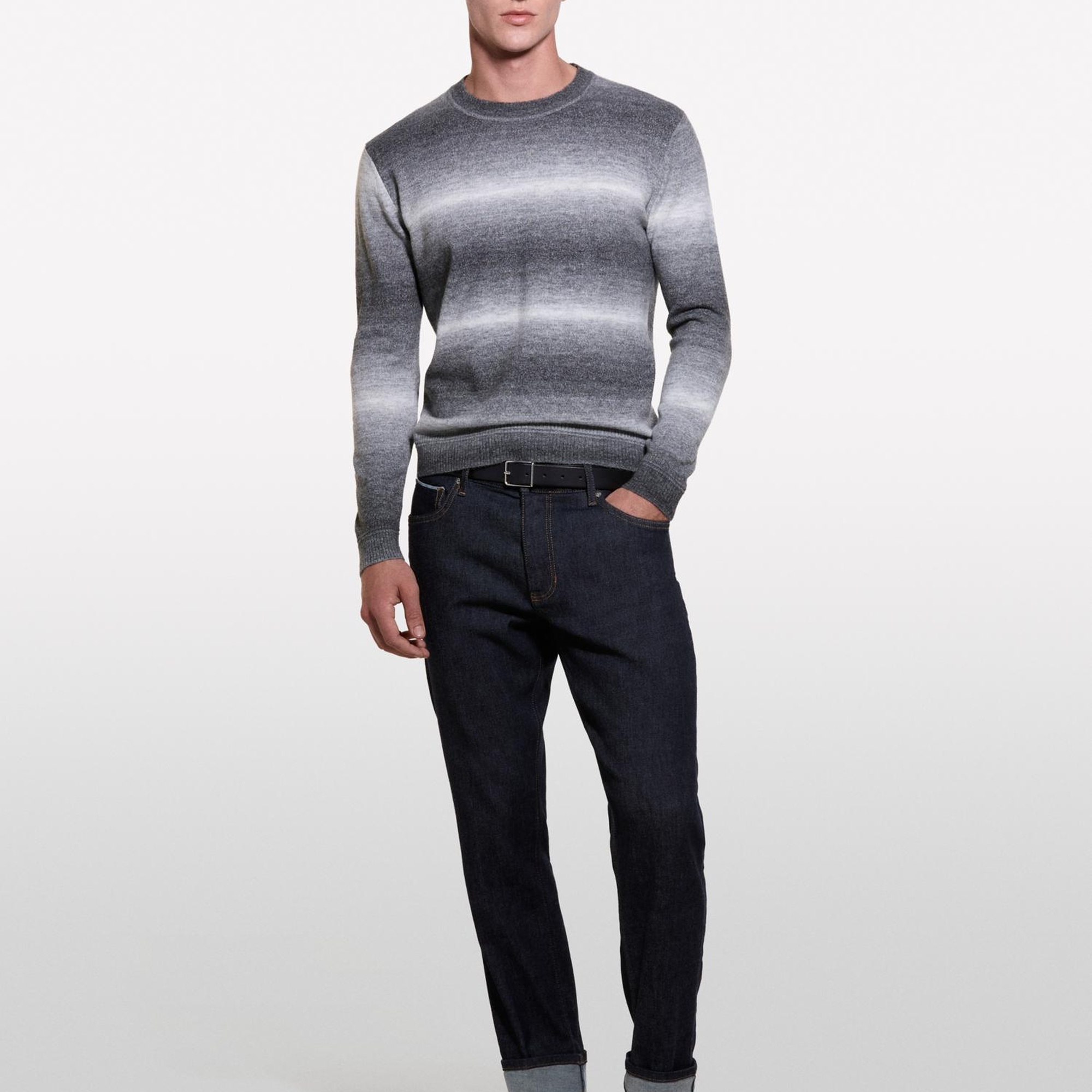 Erkek Gri Mix Yün Karışımlı Renk Geçişli Bisiklet Yaka Kazak