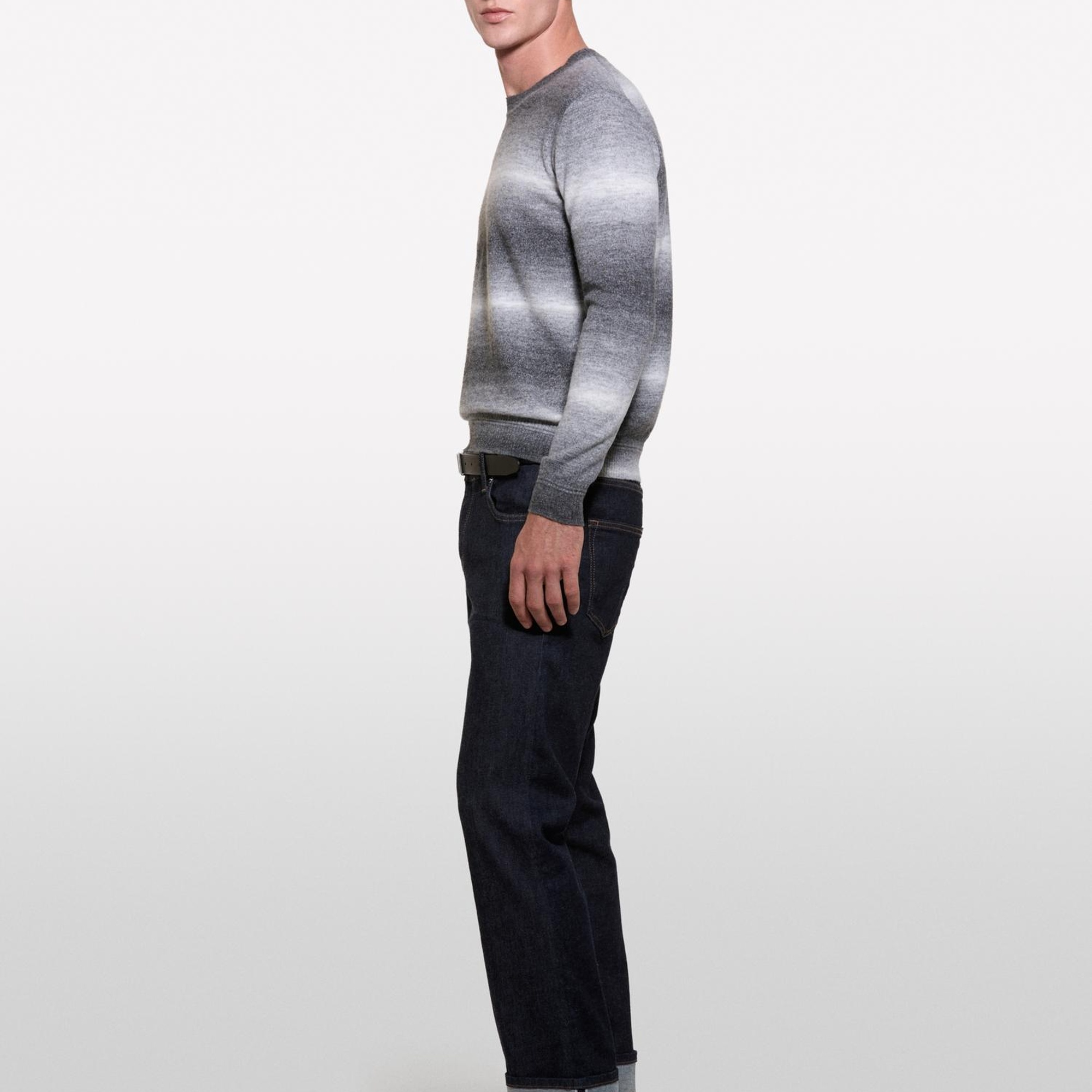 Erkek Gri Mix Yün Karışımlı Renk Geçişli Bisiklet Yaka Kazak