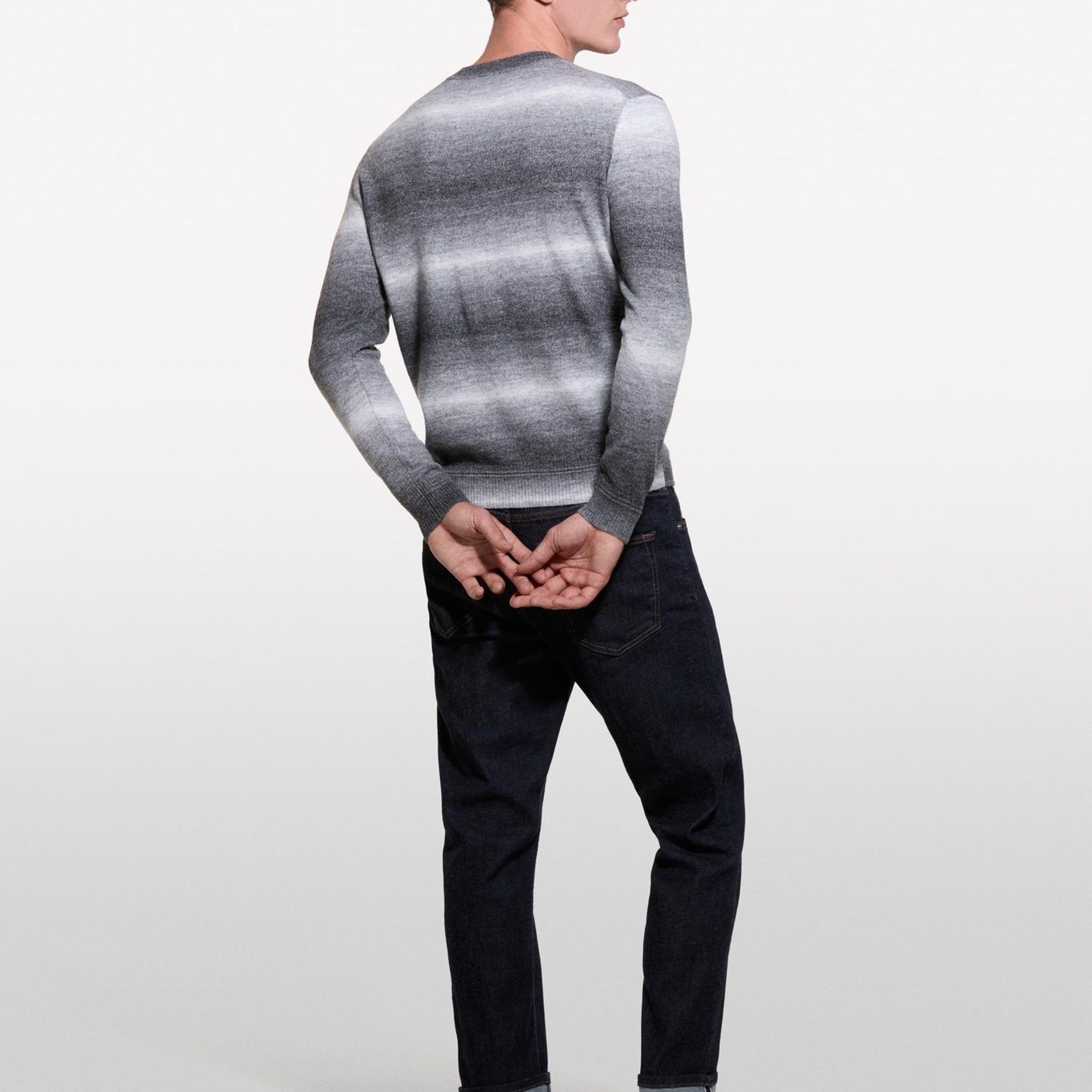 Erkek Gri Mix Yün Karışımlı Renk Geçişli Bisiklet Yaka Kazak