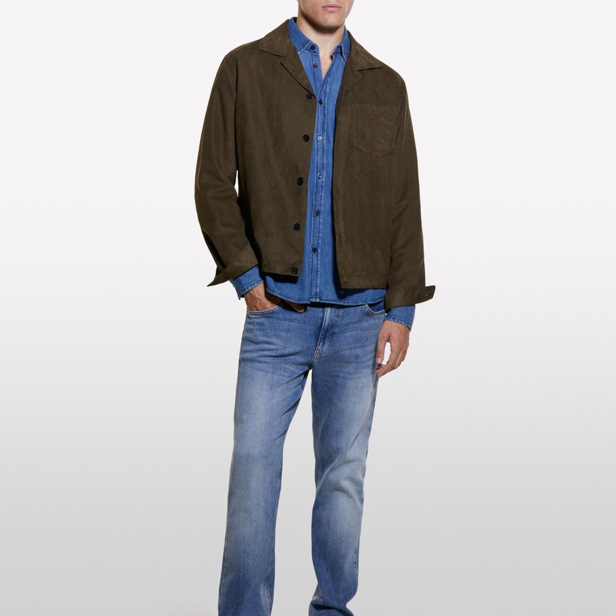 Erkek Kahverengi Göğsü Yama Cepli Düğmeli Gömlek Ceket