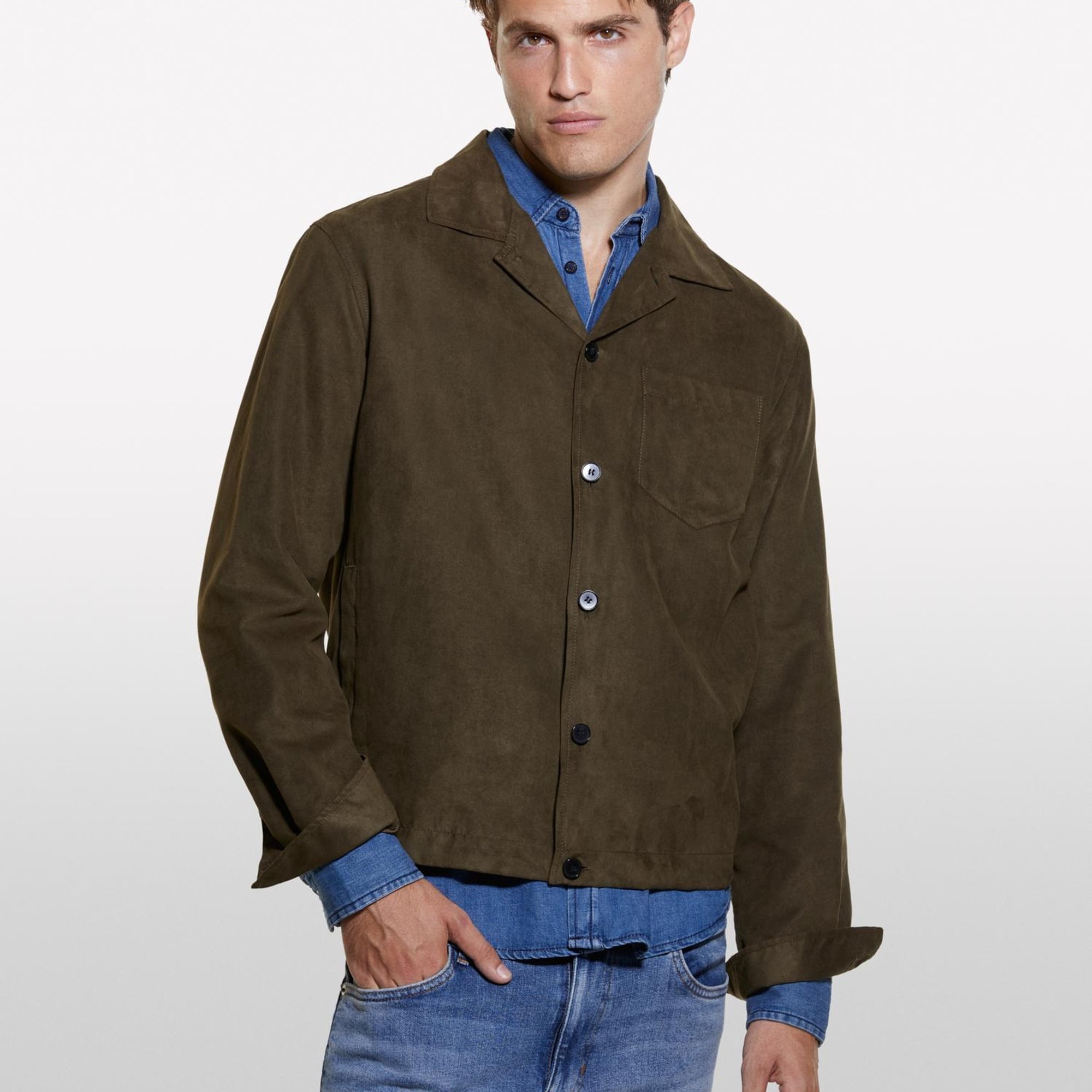 Erkek Kahverengi Göğsü Yama Cepli Düğmeli Gömlek Ceket