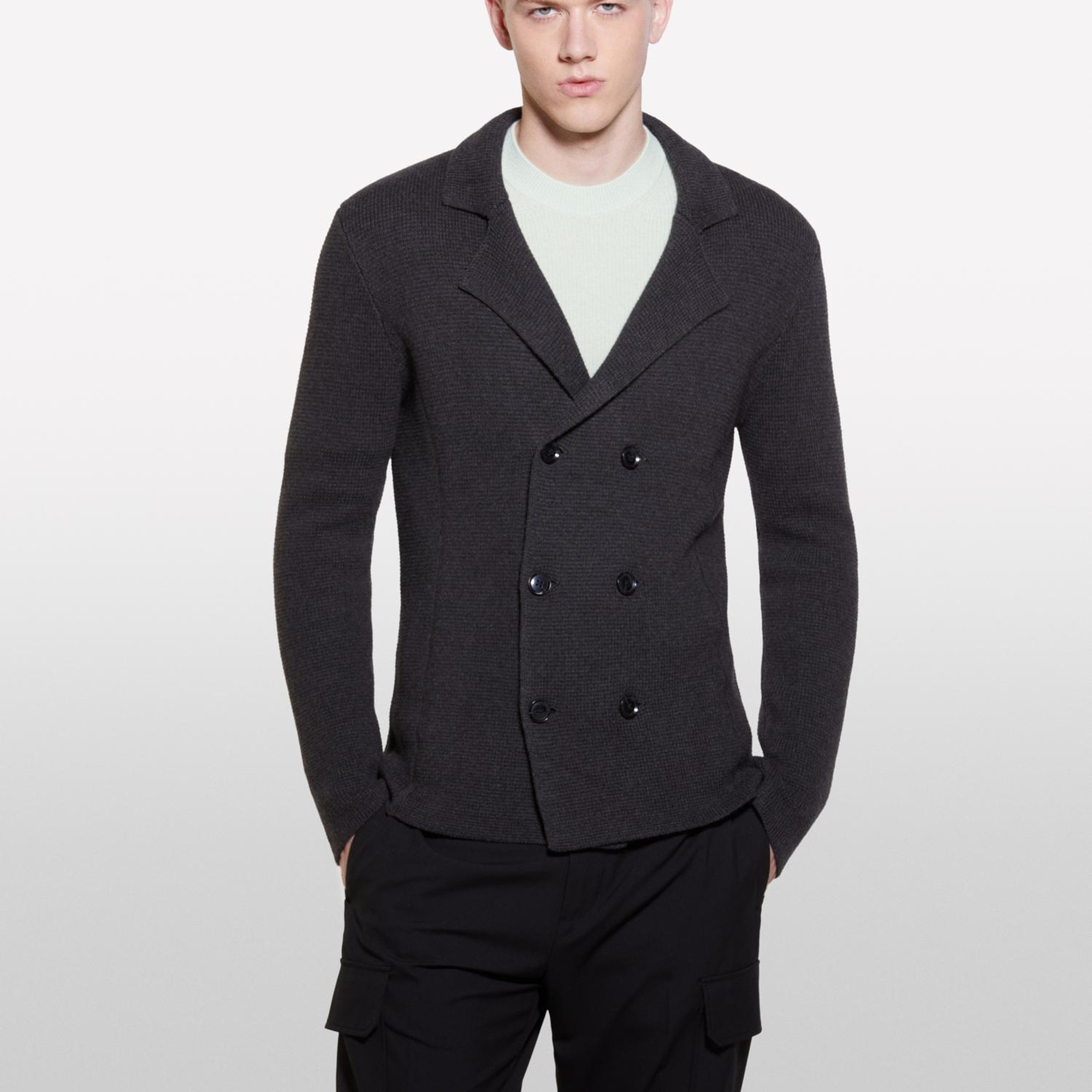 Erkek Koyu Gri Pamuk Karışımlı Klapa Yaka Düğmeli Kruvaze Ceket