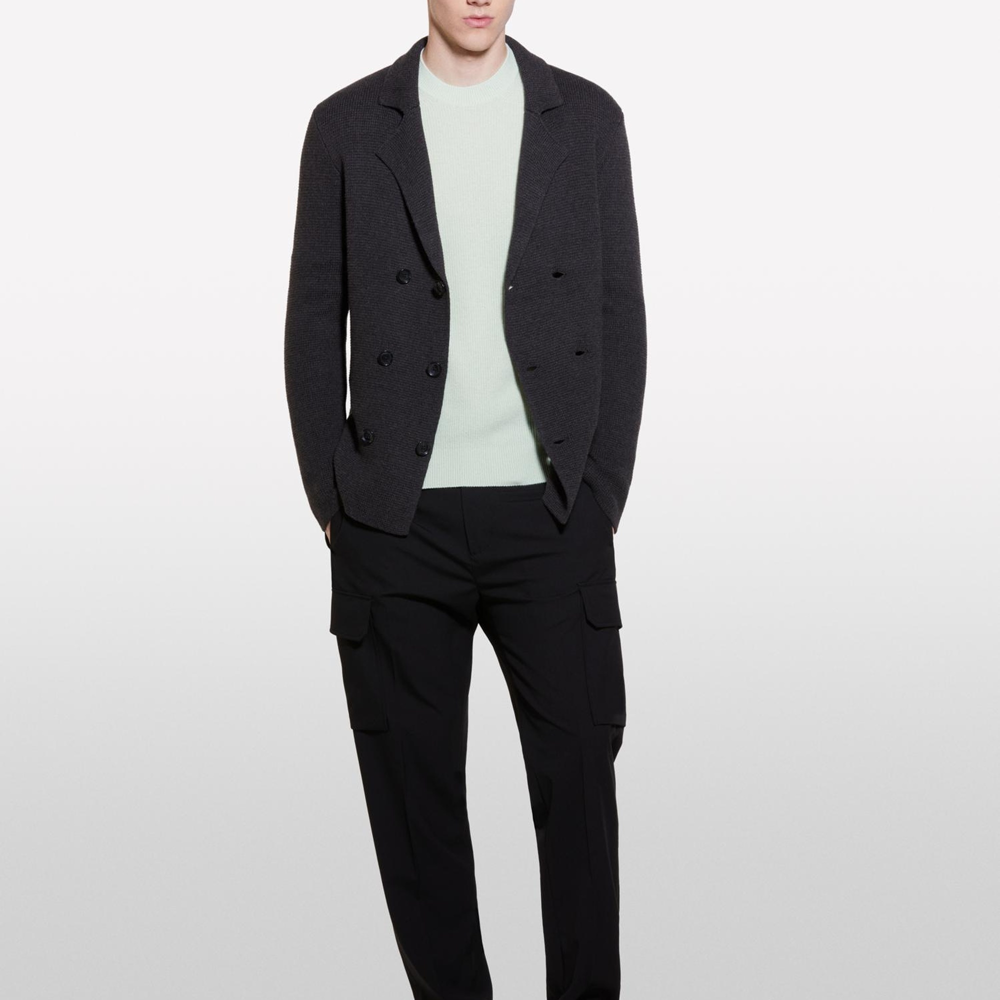 Erkek Koyu Gri Pamuk Karışımlı Klapa Yaka Düğmeli Kruvaze Ceket