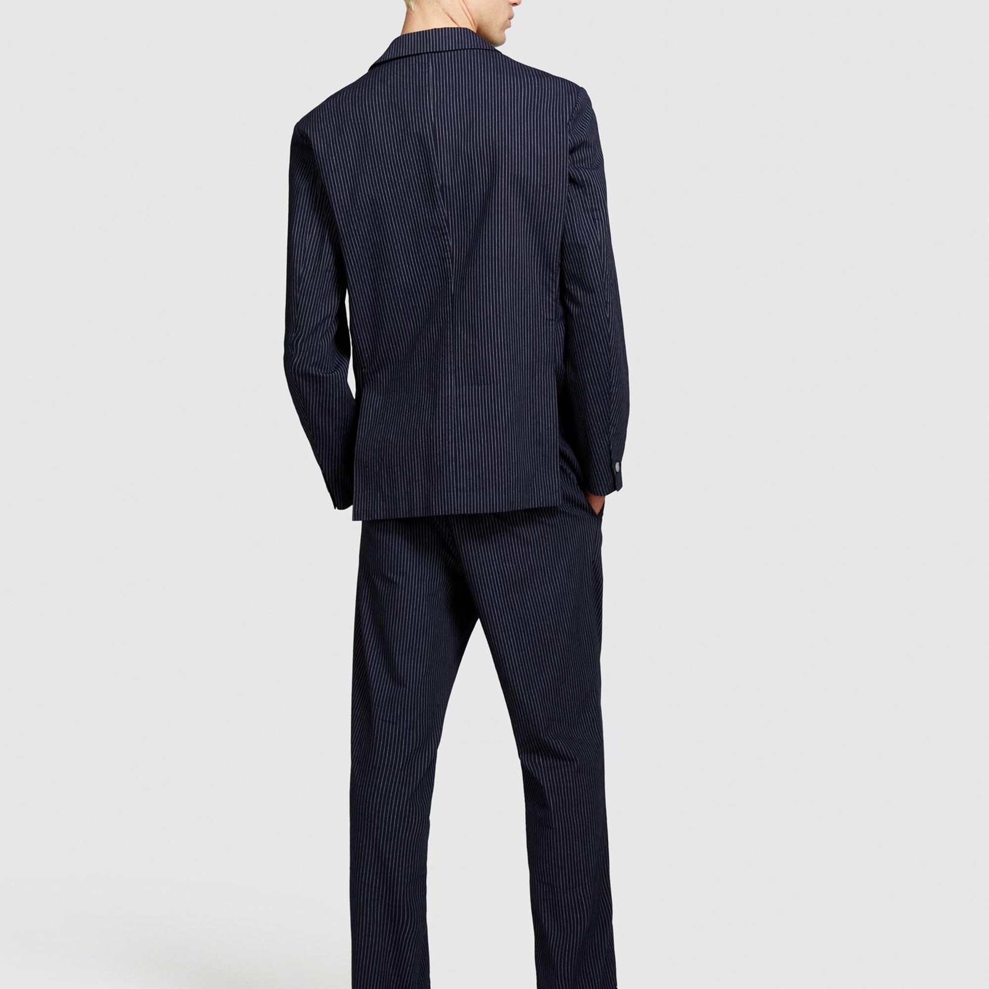 Erkek Lacivert Cepli Çizgili Normal Kalıp Kruvaze Ceket