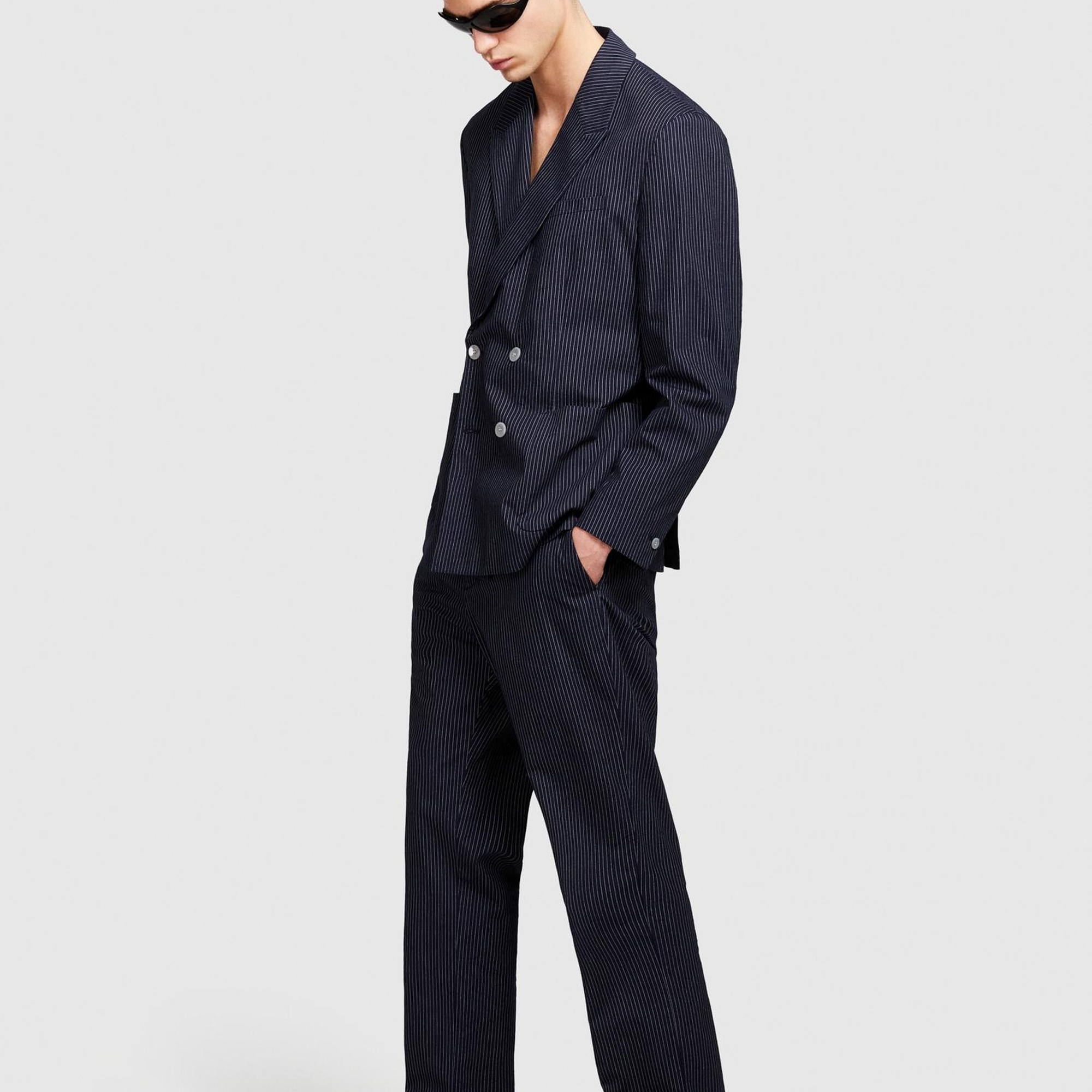 Erkek Lacivert Cepli Çizgili Normal Kalıp Kruvaze Ceket