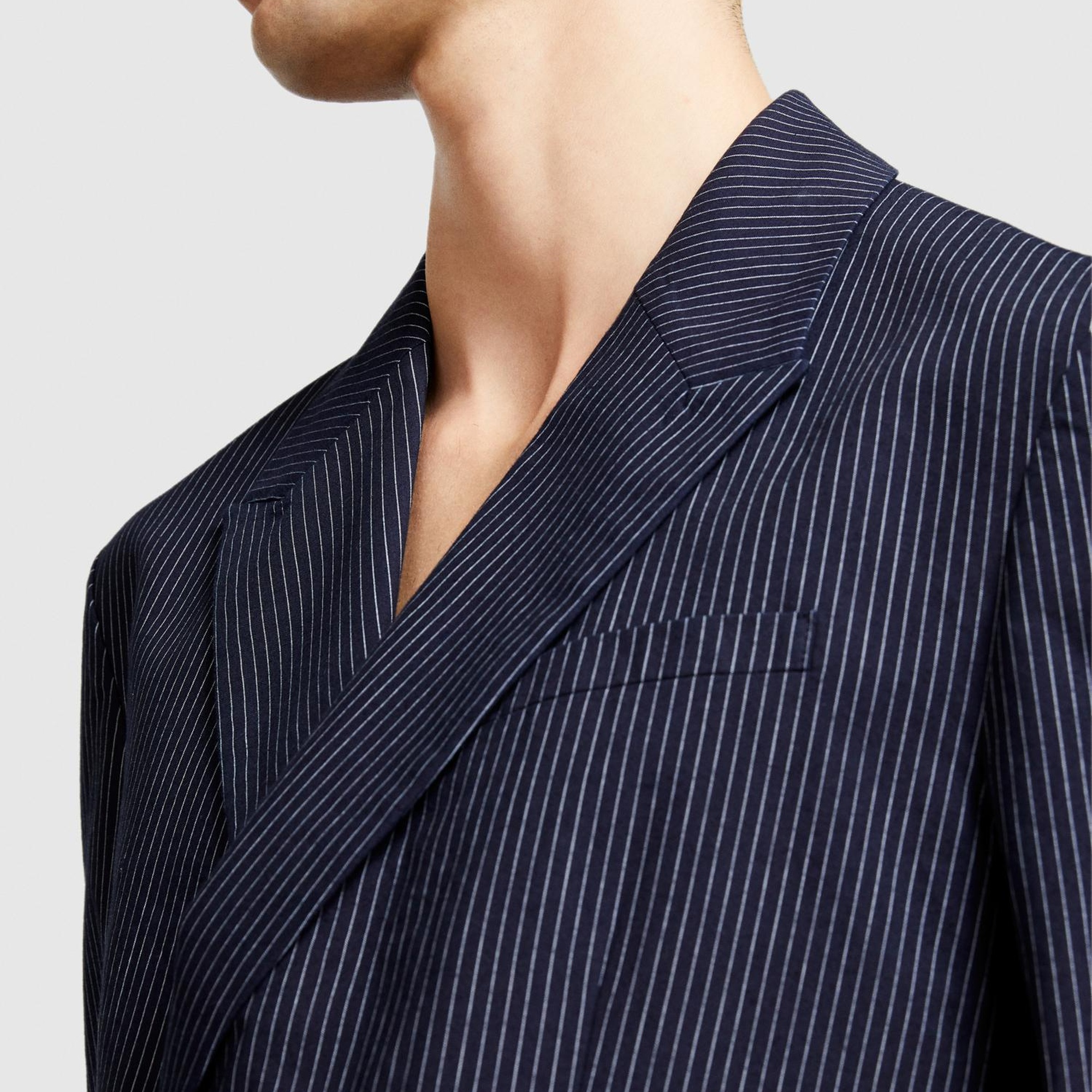 Erkek Lacivert Cepli Çizgili Normal Kalıp Kruvaze Ceket