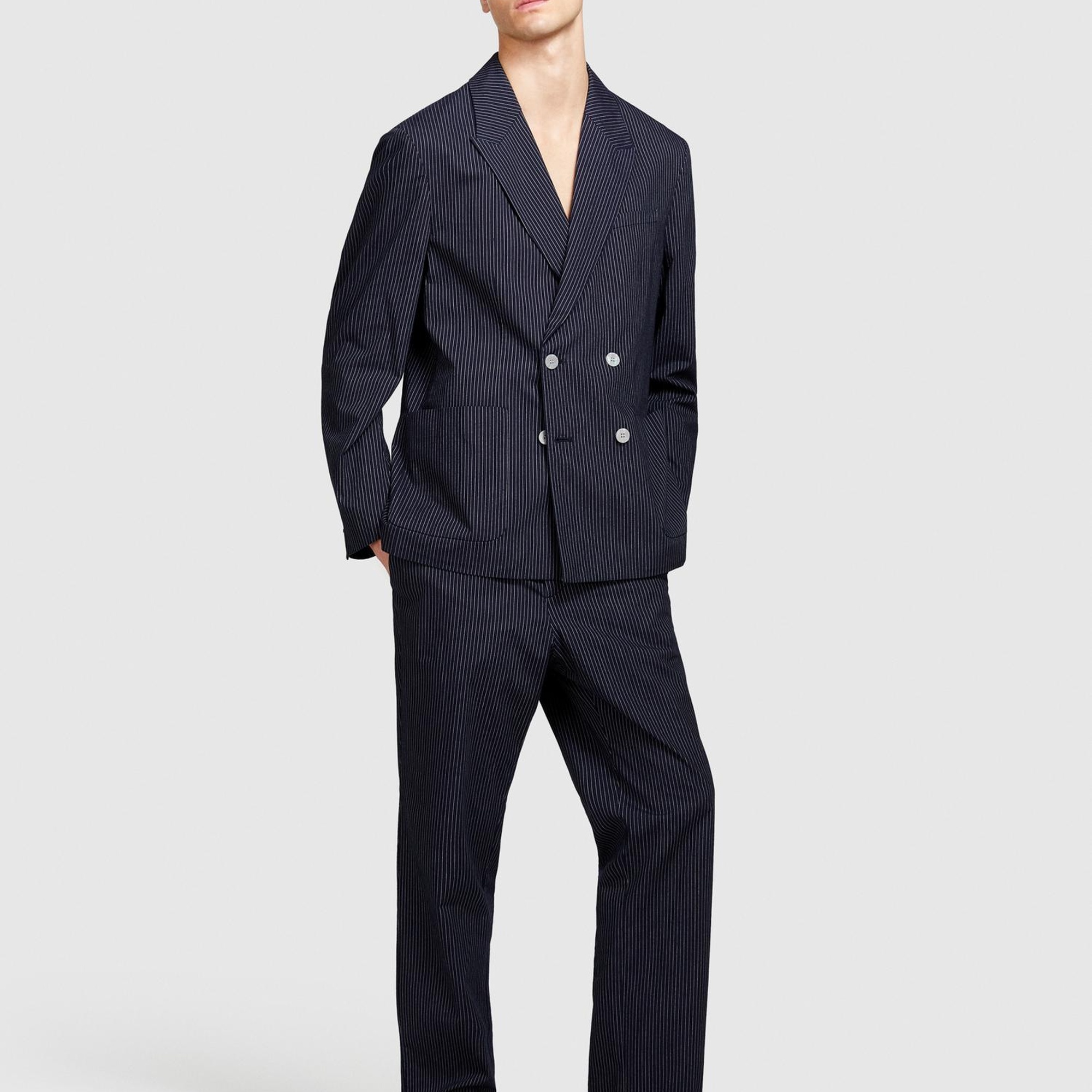 Erkek Lacivert Cepli Çizgili Normal Kalıp Kruvaze Ceket