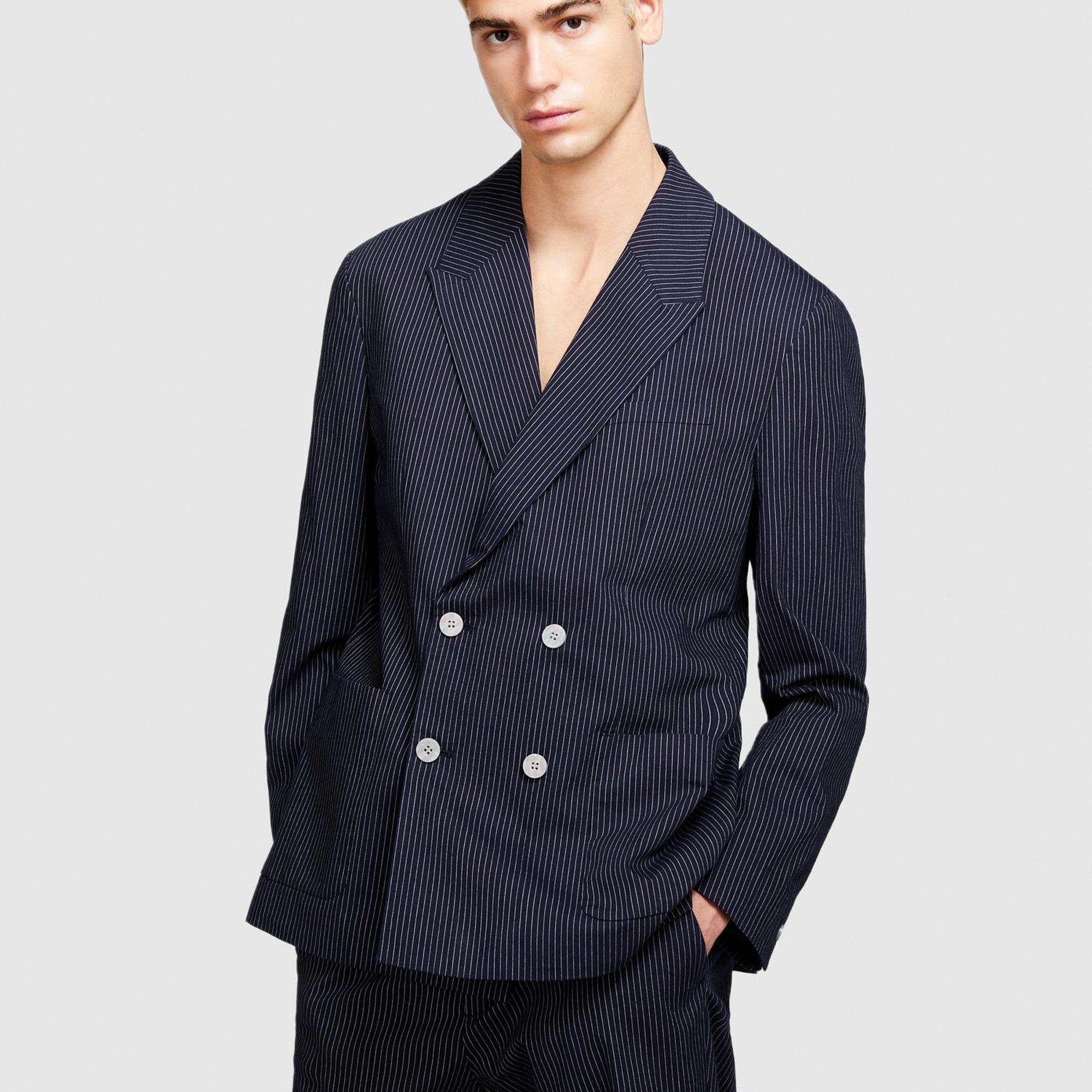 Erkek Lacivert Cepli Çizgili Normal Kalıp Kruvaze Ceket