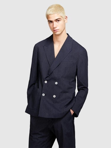  Erkek Lacivert Cepli Çizgili Normal Kalıp Kruvaze Ceket