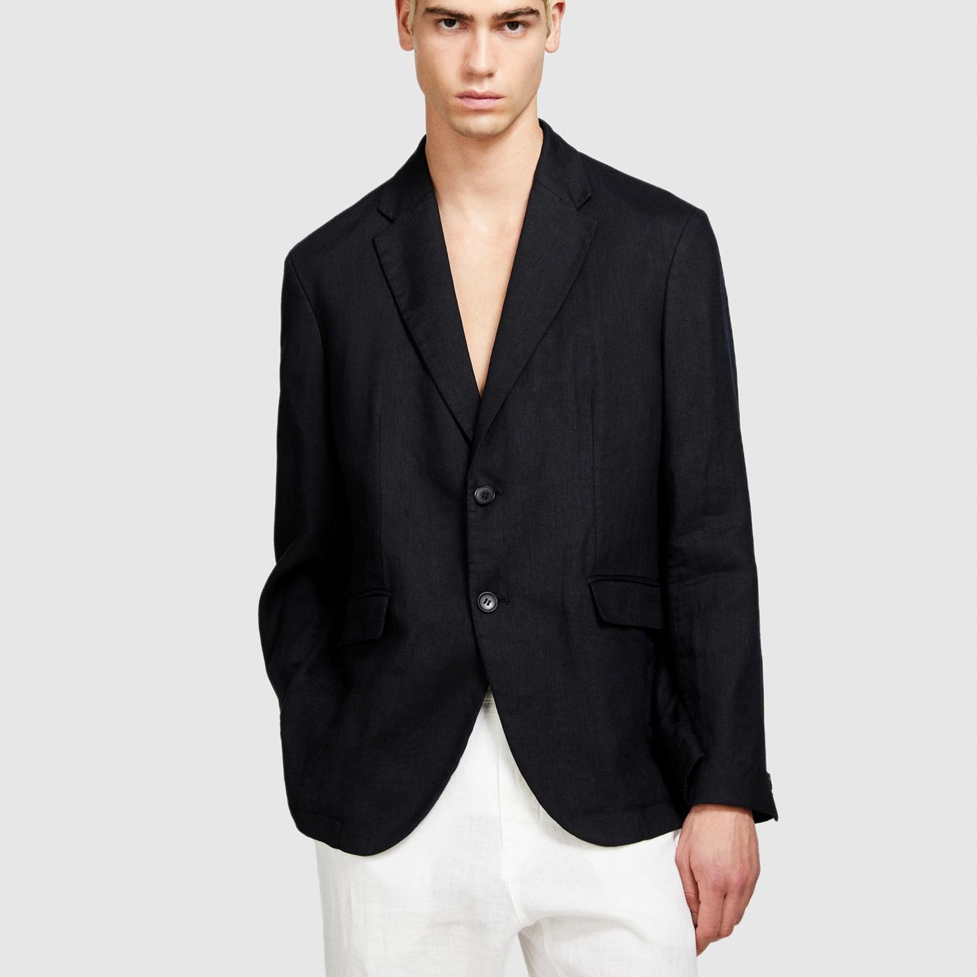 Erkek Siyah %100 Keten Astarsız Rahat Kalıp Ceket
