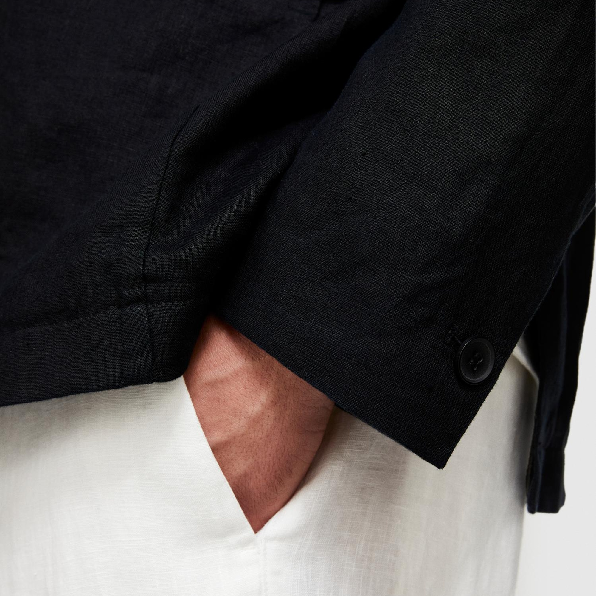 Erkek Siyah %100 Keten Astarsız Rahat Kalıp Ceket