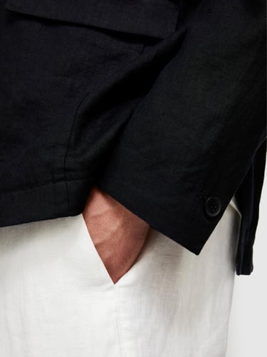  Erkek Siyah %100 Keten Astarsız Rahat Kalıp Ceket