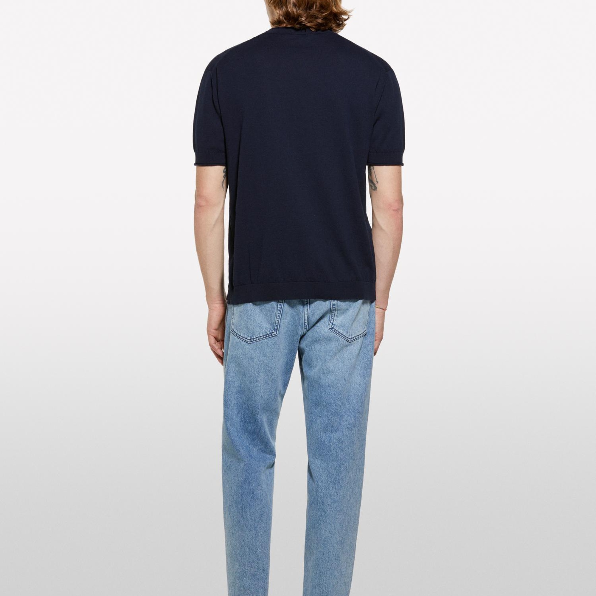 Erkek İndigo %100 Pamuk Ribana Detaylı Kısa Kollu Kazak