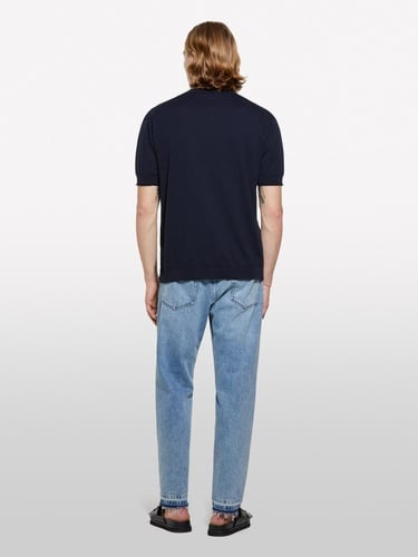  Erkek İndigo %100 Pamuk Ribana Detaylı Kısa Kollu Kazak