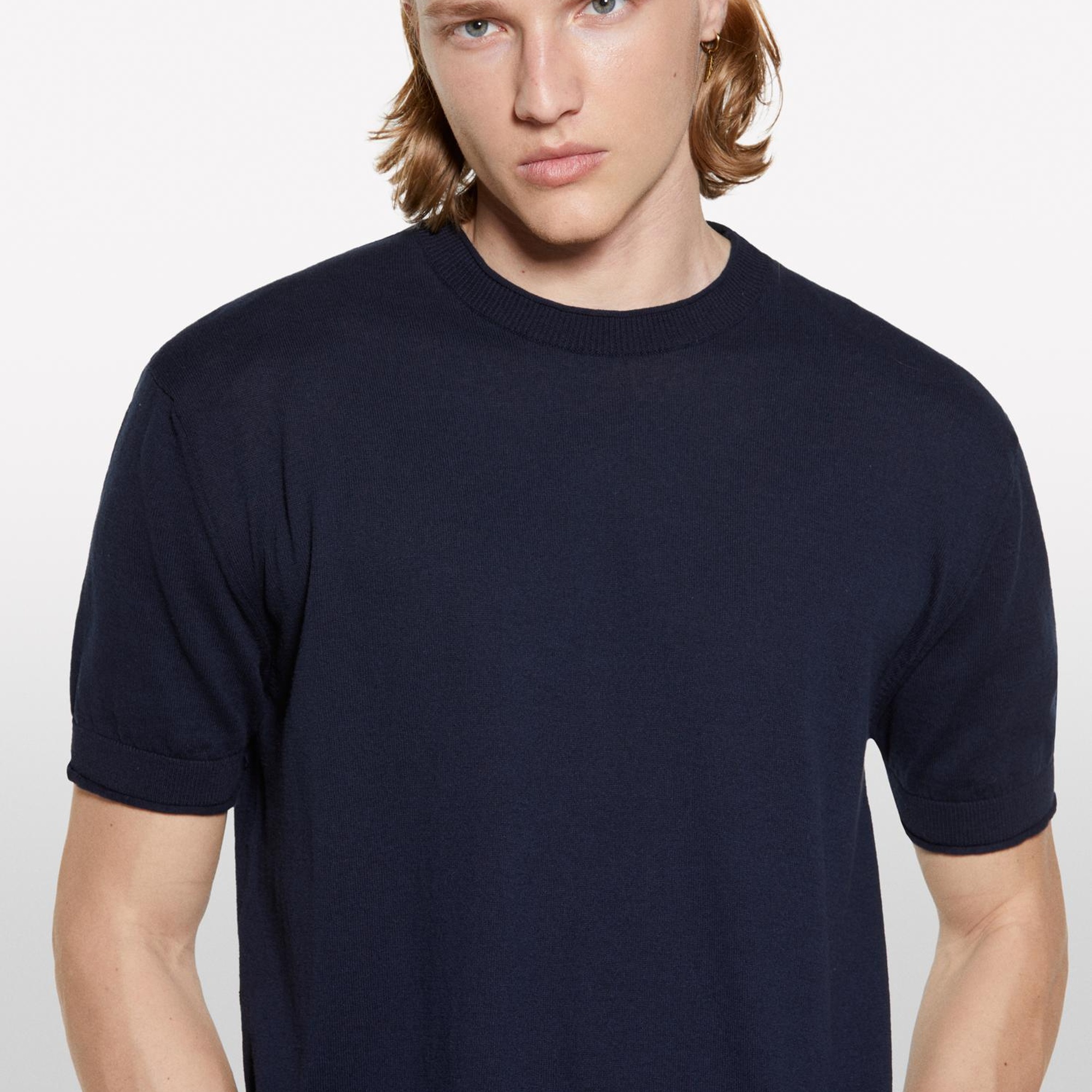 Erkek İndigo %100 Pamuk Ribana Detaylı Kısa Kollu Kazak