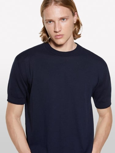  Erkek İndigo %100 Pamuk Ribana Detaylı Kısa Kollu Kazak