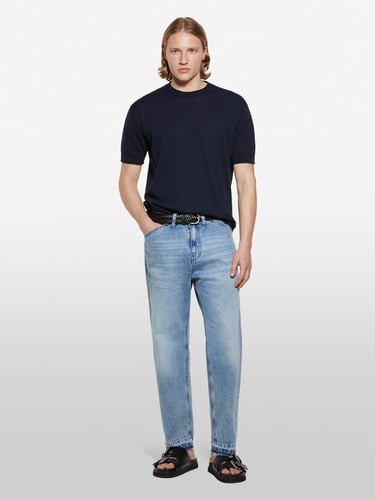  Erkek İndigo %100 Pamuk Ribana Detaylı Kısa Kollu Kazak