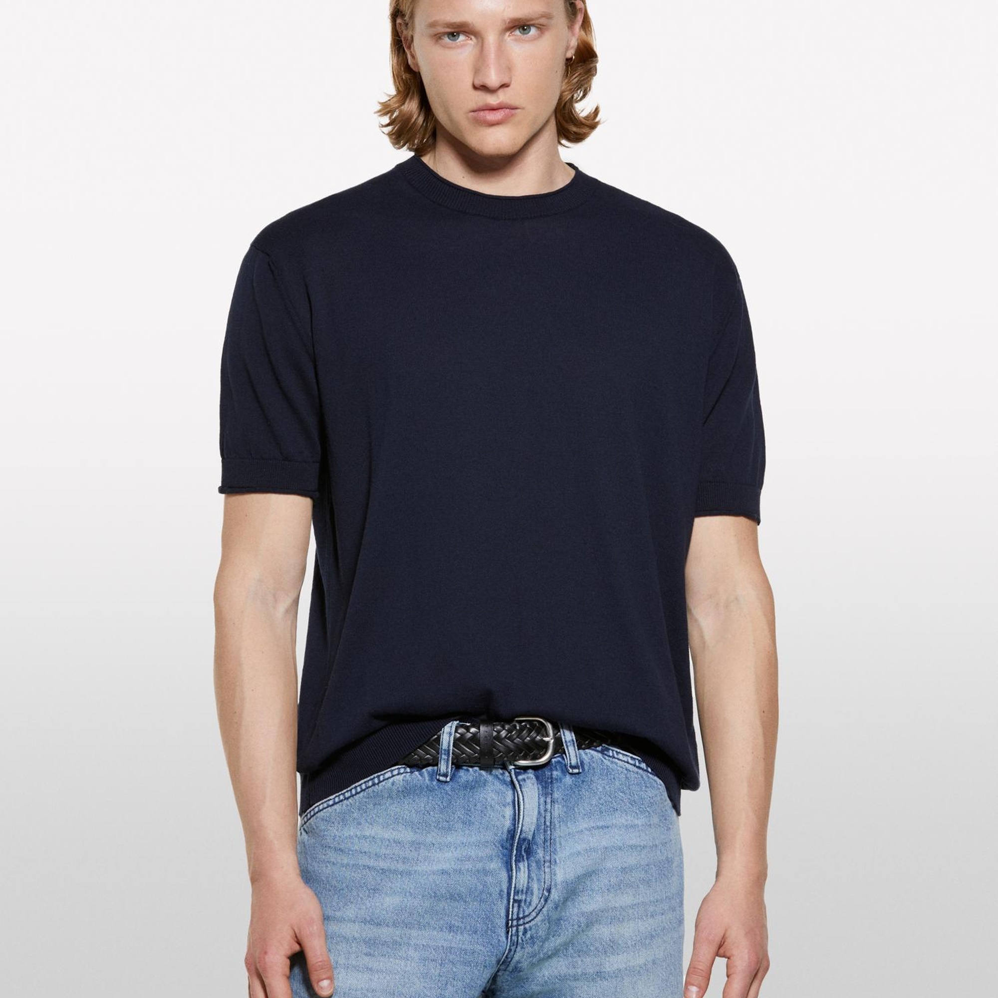 Erkek İndigo %100 Pamuk Ribana Detaylı Kısa Kollu Kazak