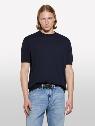  Erkek İndigo %100 Pamuk Ribana Detaylı Kısa Kollu Kazak