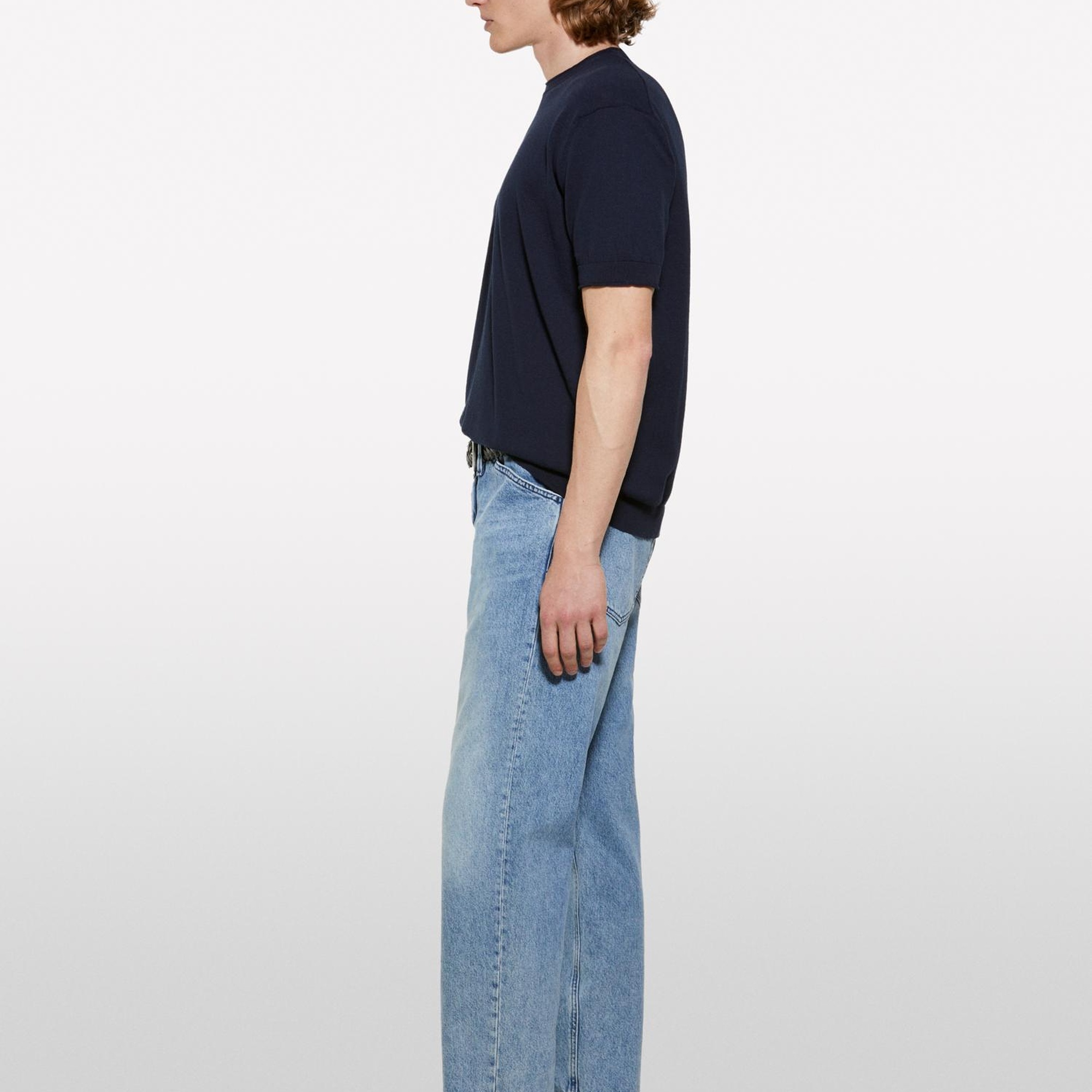 Erkek İndigo %100 Pamuk Ribana Detaylı Kısa Kollu Kazak