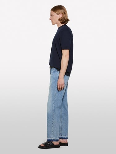  Erkek İndigo %100 Pamuk Ribana Detaylı Kısa Kollu Kazak