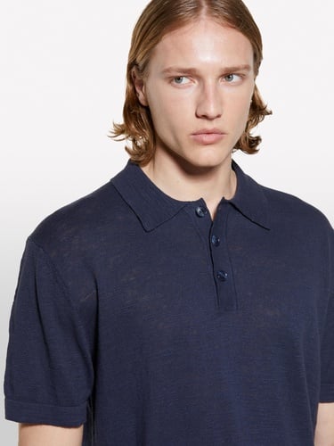  Erkek Koyu Lacivert Keten Karışımlı Triko Polo T-Shirt