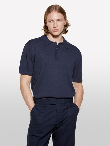  Erkek Koyu Lacivert Keten Karışımlı Triko Polo T-Shirt