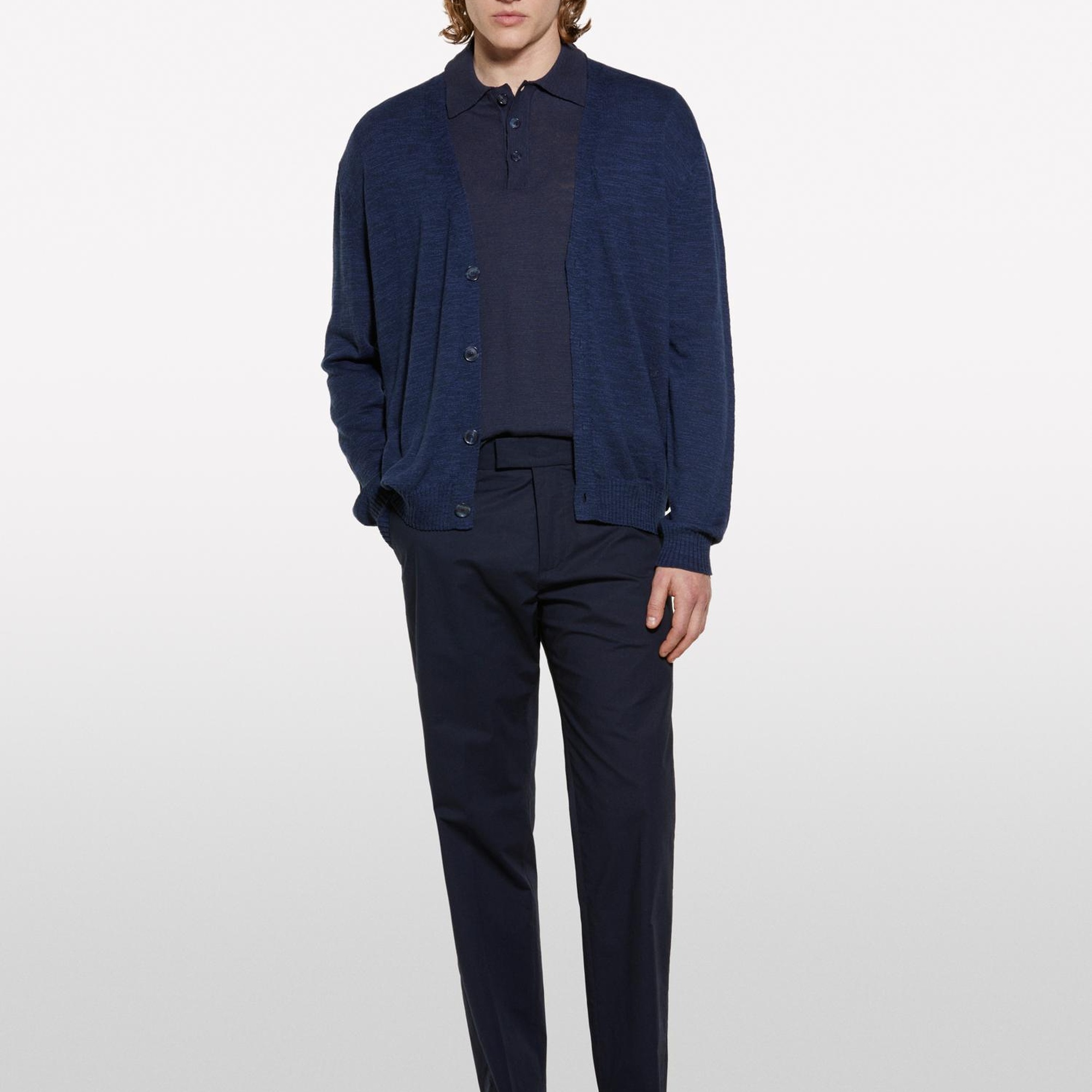 Erkek Koyu Lacivert Keten Karışımlı Triko Polo T-Shirt