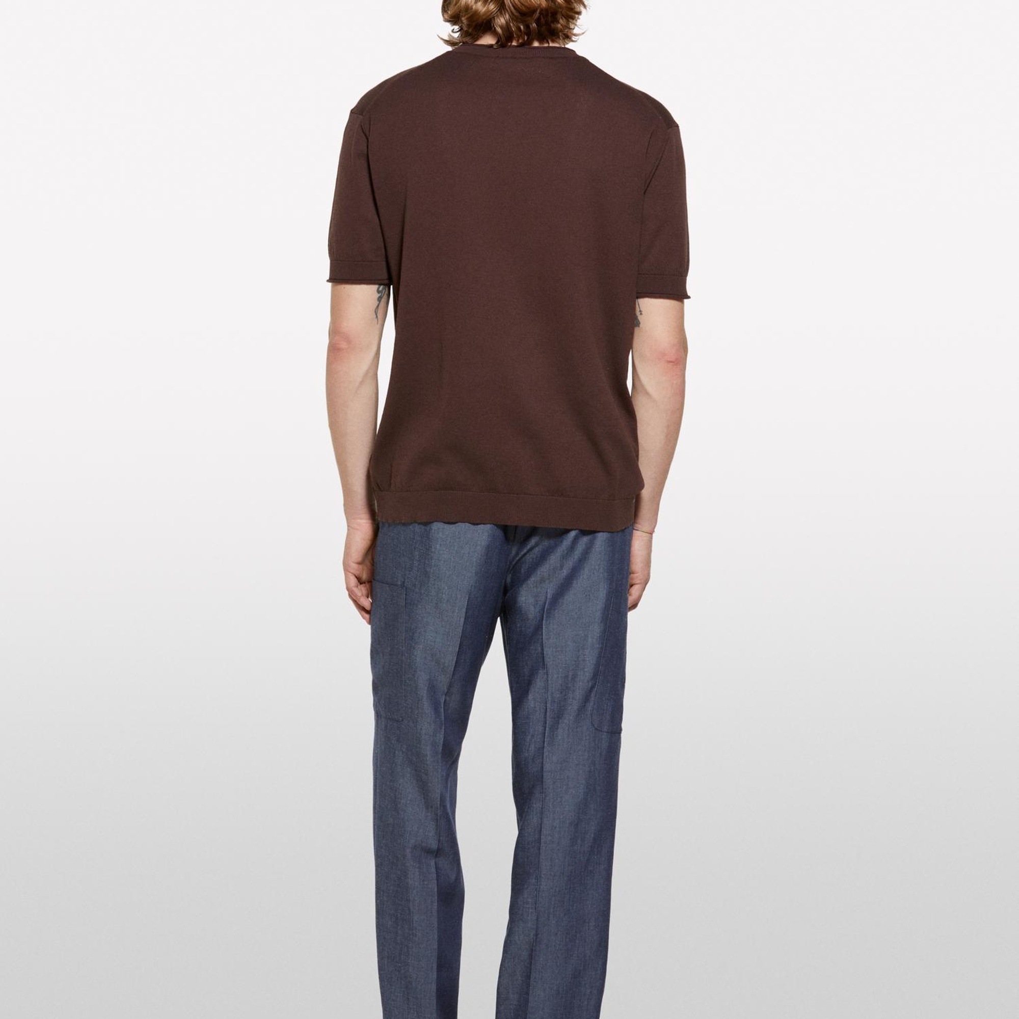 Erkek Koyu kahverengi %100 Pamuk Ribana Detaylı Kısa Kollu Kazak