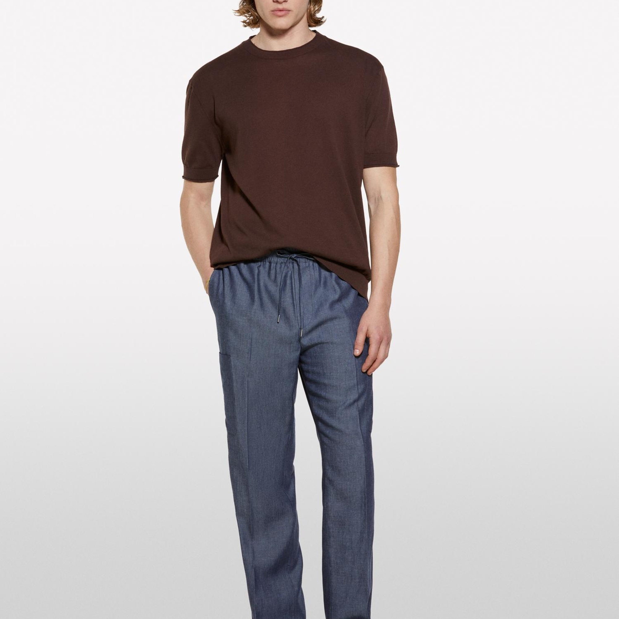 Erkek Koyu kahverengi %100 Pamuk Ribana Detaylı Kısa Kollu Kazak