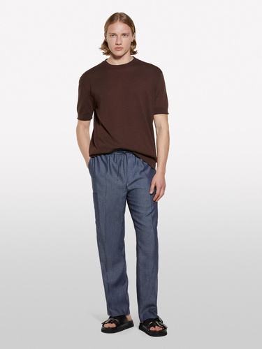  Erkek Koyu kahverengi %100 Pamuk Ribana Detaylı Kısa Kollu Kazak