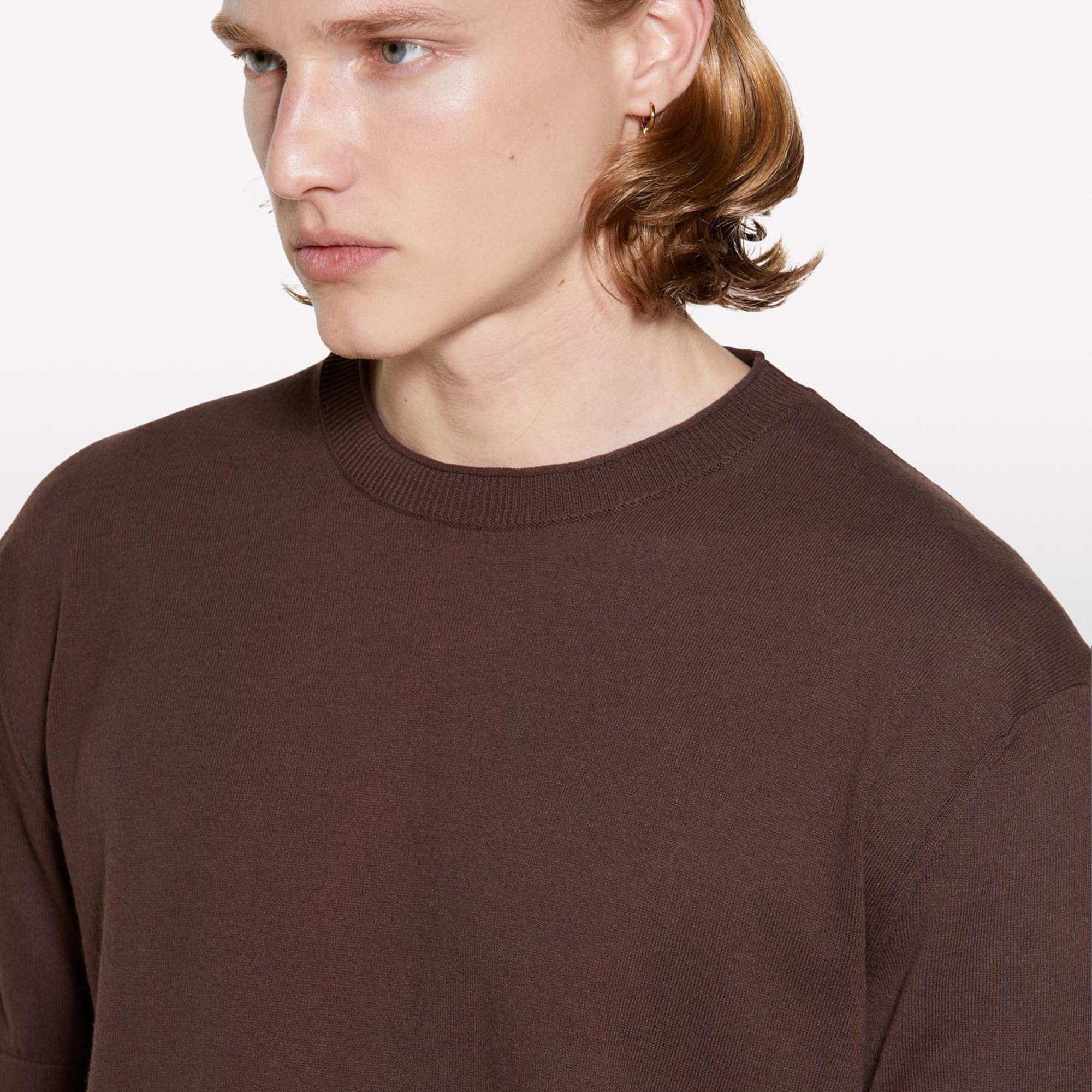 Erkek Koyu kahverengi %100 Pamuk Ribana Detaylı Kısa Kollu Kazak