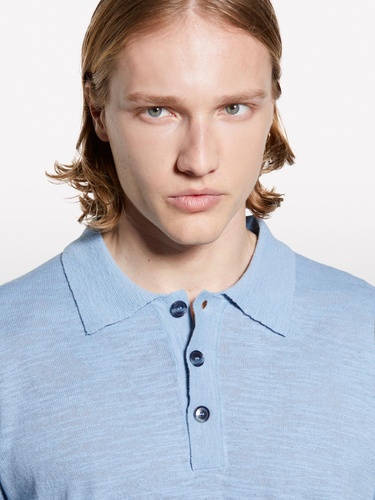  Erkek Havacı Mavi Keten Karışımlı Triko Polo T-Shirt