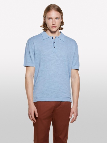  Erkek Havacı Mavi Keten Karışımlı Triko Polo T-Shirt