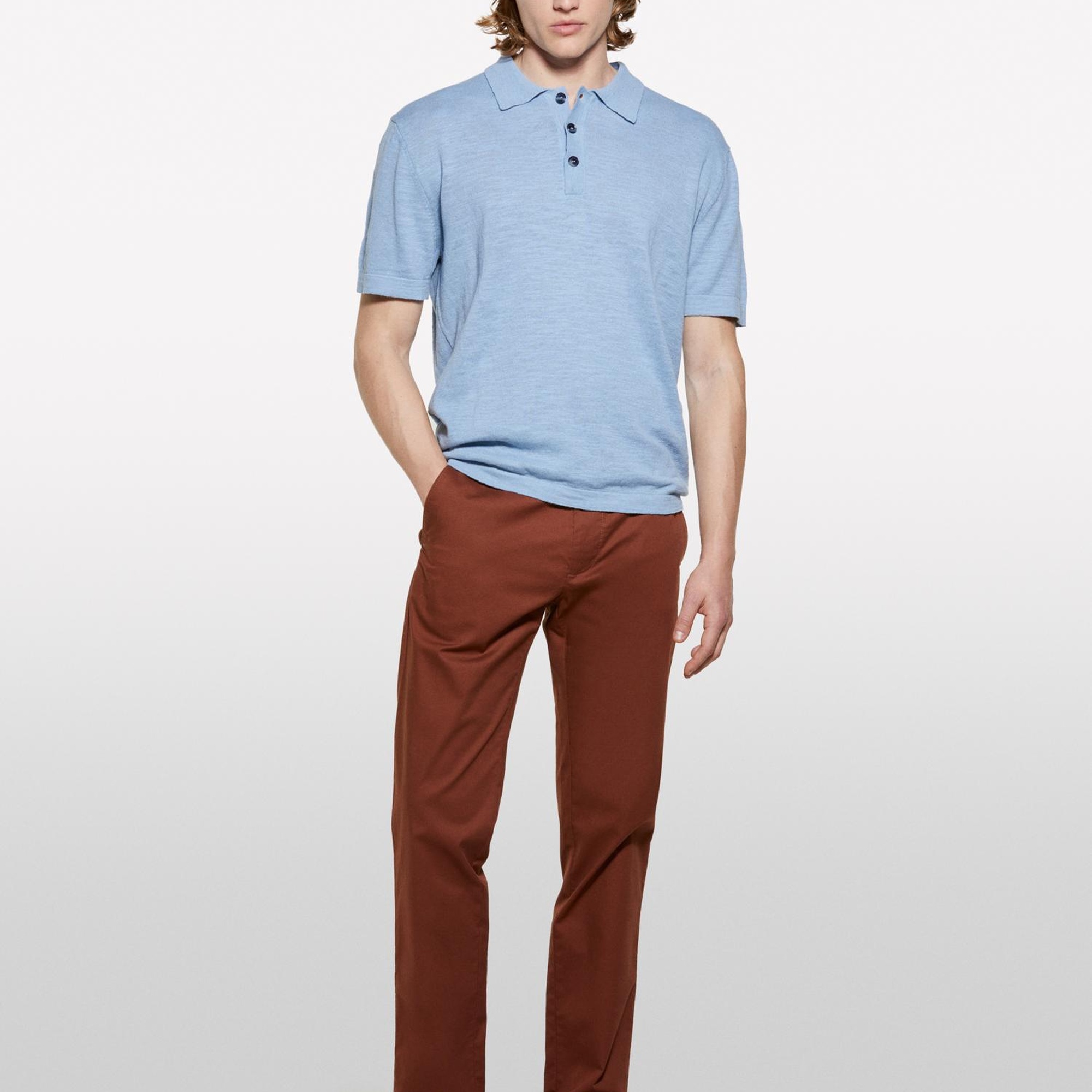 Erkek Havacı Mavi Keten Karışımlı Triko Polo T-Shirt