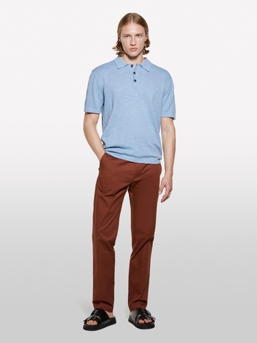  Erkek Havacı Mavi Keten Karışımlı Triko Polo T-Shirt