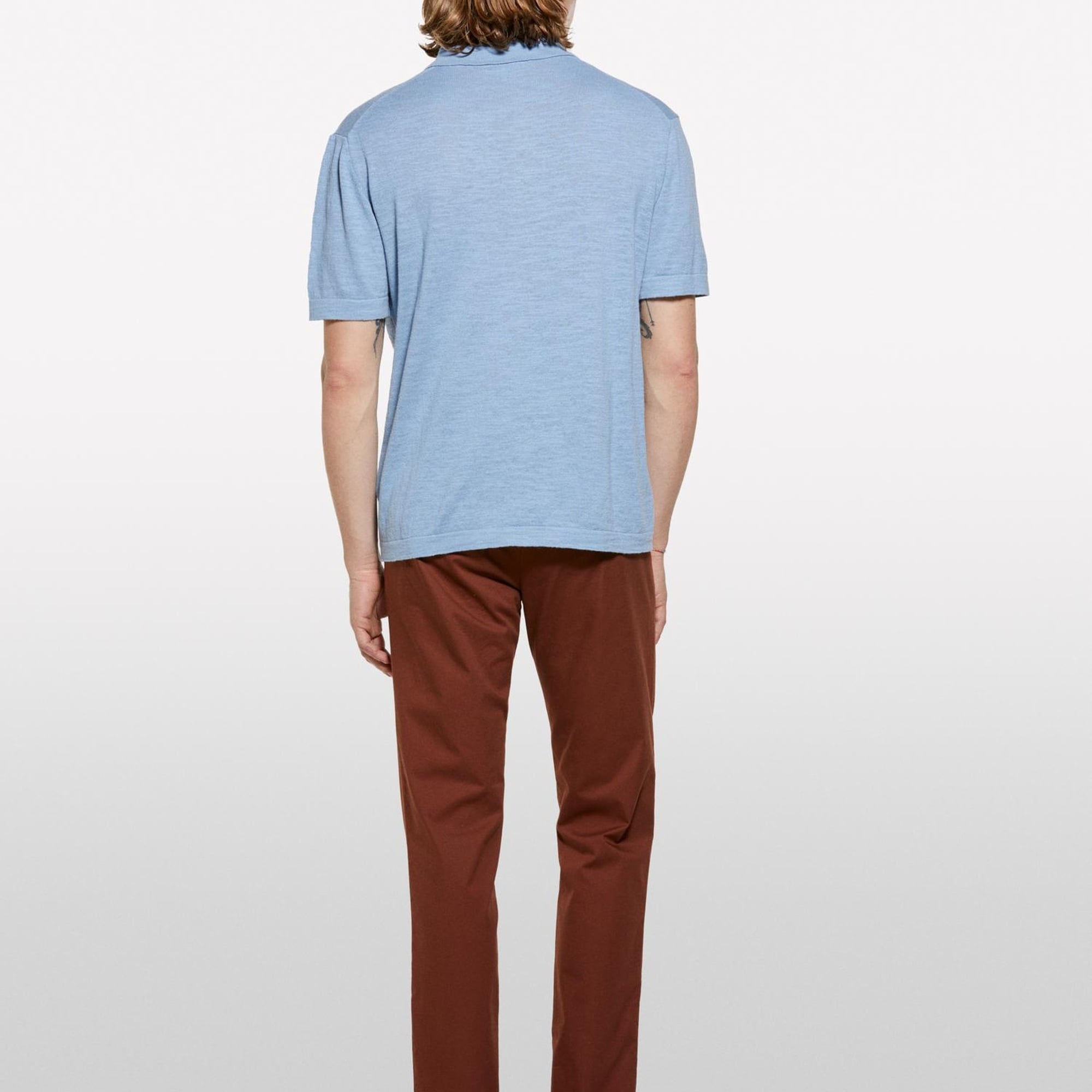 Erkek Havacı Mavi Keten Karışımlı Triko Polo T-Shirt