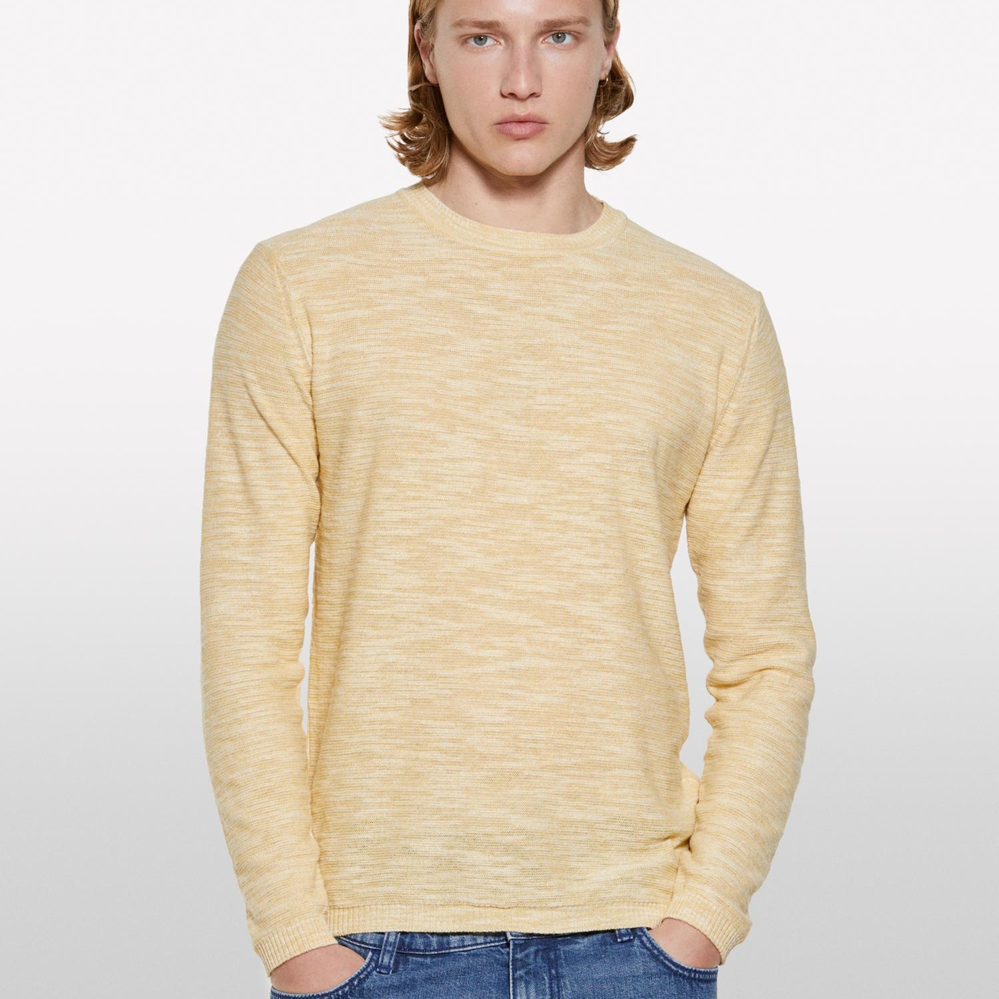 Erkek Açık Hardal Pamuk Karışımlı Uzun Kollu Bisiklet Yaka Kazak