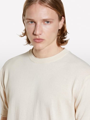  Erkek Açık Sarı %100 Pamuk Ribana Detaylı Kısa Kollu Kazak