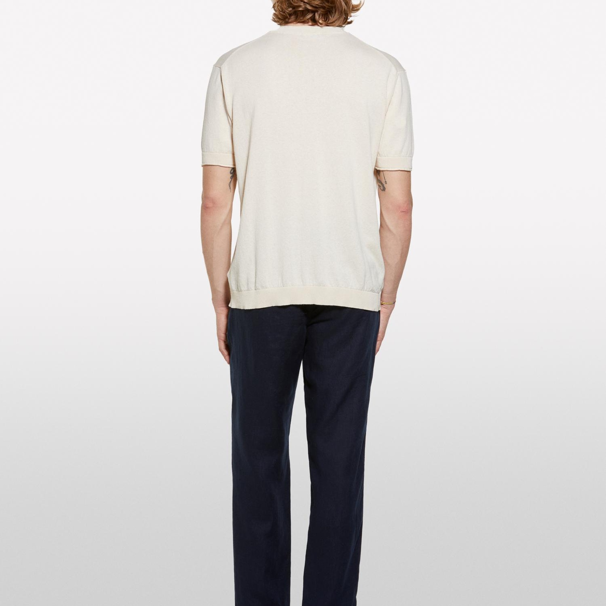 Erkek Açık Sarı %100 Pamuk Ribana Detaylı Kısa Kollu Kazak