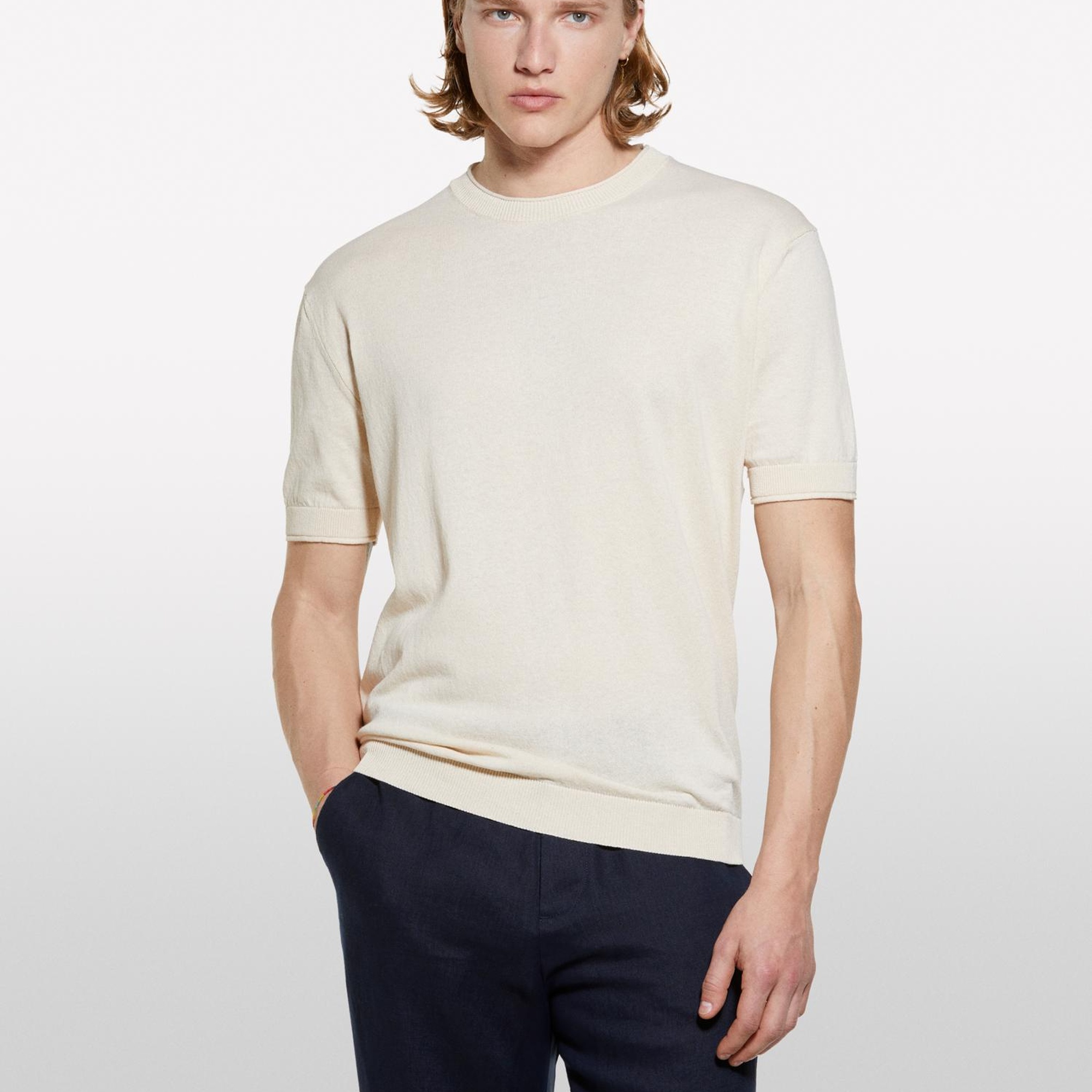 Erkek Açık Sarı %100 Pamuk Ribana Detaylı Kısa Kollu Kazak